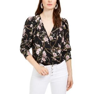 Ash Violet Women's Printed Pouf Sleeve Bodysuit Jumpsuit Black Size Medium